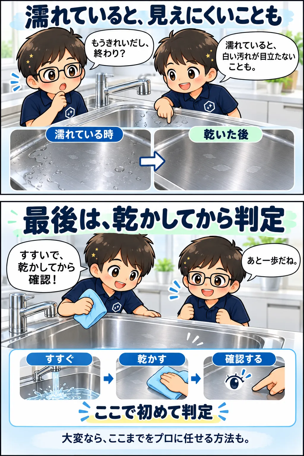 濡れた状態では白い汚れが見えにくいため、シンクを乾かしてから洗浄結果を判定する漫画