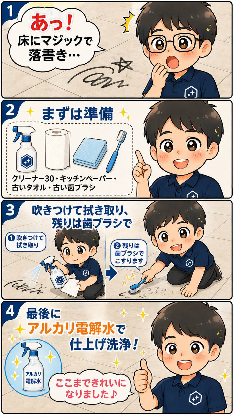 床についた油性マジックをクリーナー30で落とす手順を紹介した4コマ漫画