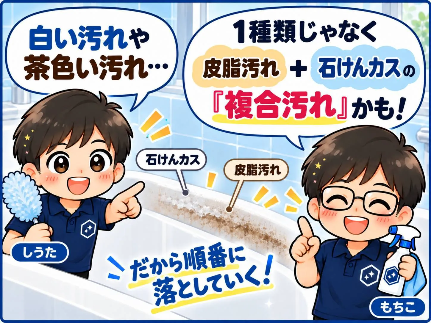 浴室の茶色い汚れは皮脂汚れと石けんカス汚れが重なった複合汚れかもしれないと解説する1コマ漫画