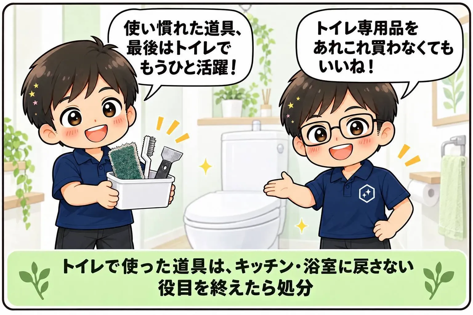 もちこ＆しうたが、使い慣れた掃除道具を最後にトイレ掃除で活用することを紹介。トイレで使った道具はキッチンや浴室に戻さず、役目を終えたら処分します。