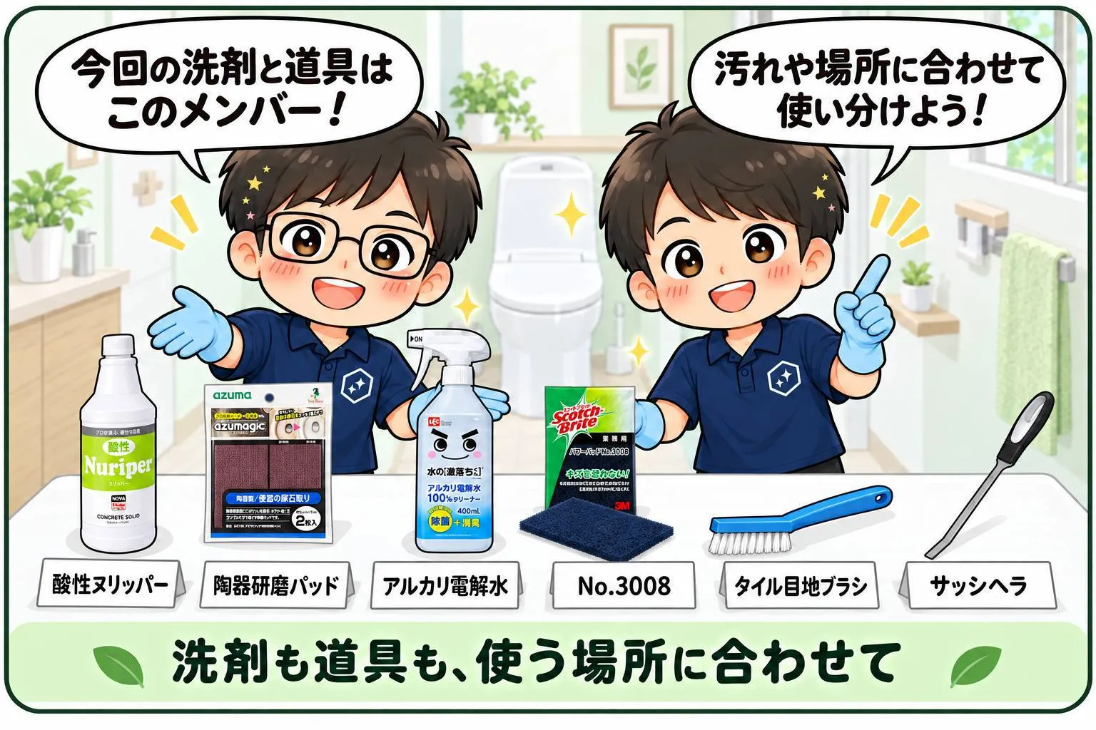 もちこ＆しうたが、トイレ掃除に使う酸性ヌリッパー、陶器研磨パッド、アルカリ電解水、No.3008、タイル目地ブラシ、サッシヘラを紹介。汚れや場所に合わせて使い分けます。