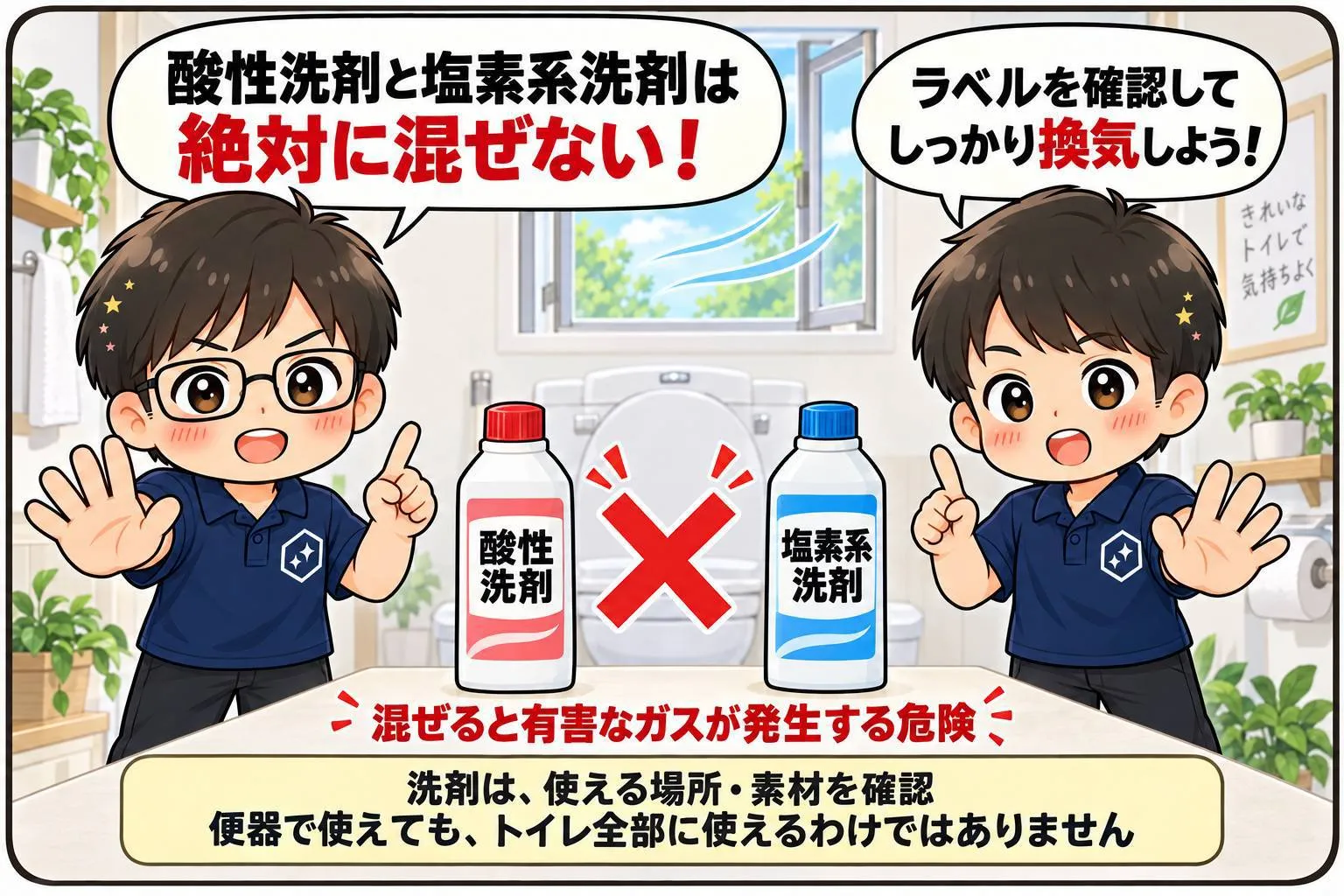 もちこ＆しうたが掃除前の注意点を紹介。酸性洗剤と塩素系洗剤は絶対に混ぜず、ラベルを確認して十分に換気し、使える場所や素材を確かめましょう。