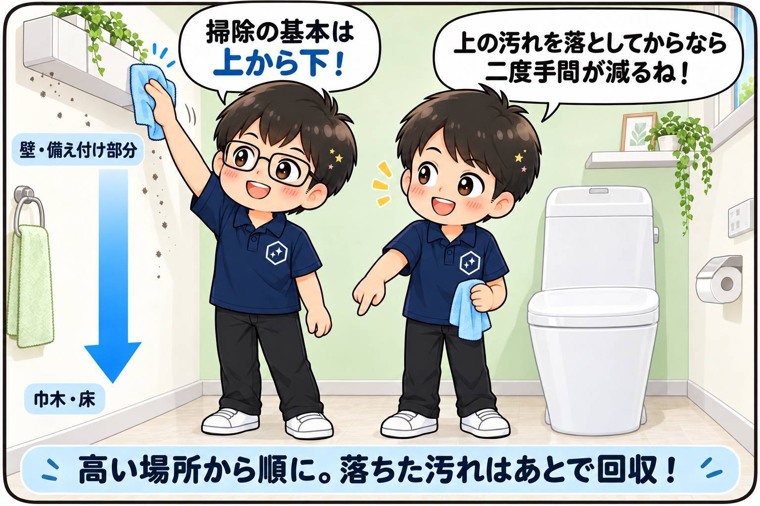 もちこ＆しうたが、トイレ掃除は上から下へ進める基本を紹介。壁や備え付け部分から掃除し、落ちた汚れをあとで回収すると二度手間を減らせます。