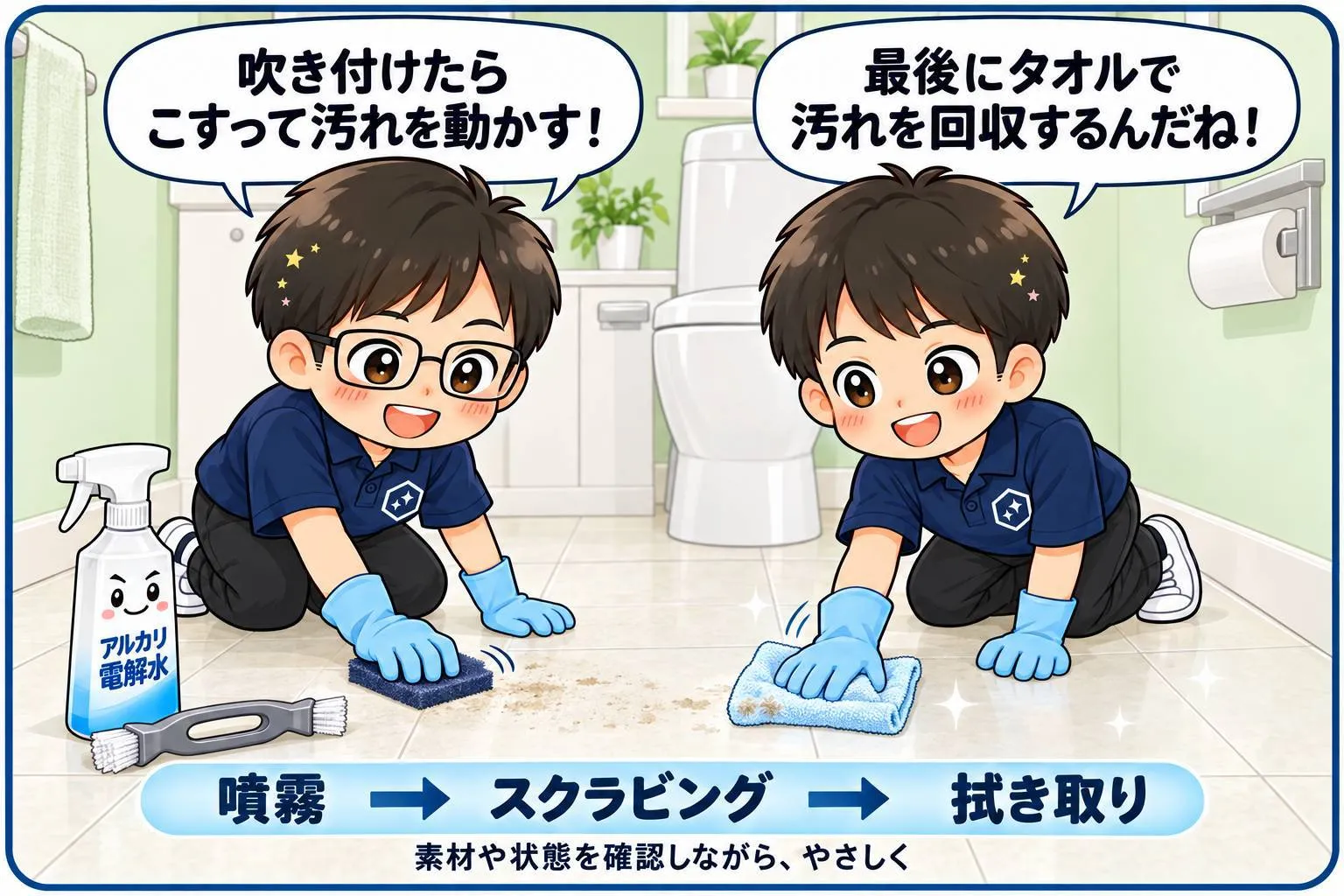 もちこ＆しうたが、壁・備え付け部分・床の掃除工程を紹介。アルカリ電解水を噴霧し、スクラビングで汚れを動かしてから、タオルで拭き取ります。