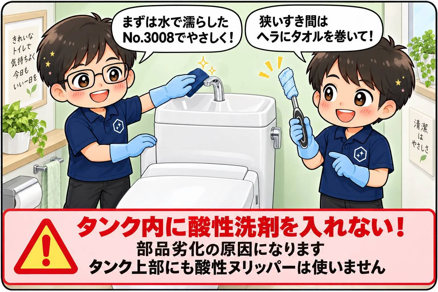 もちこ＆しうたがタンクまわりの掃除を紹介。水で濡らしたNo.3008やタオルを巻いたサッシヘラでやさしく掃除します。部品劣化の原因になるため、タンク内に酸性洗剤を入れません。