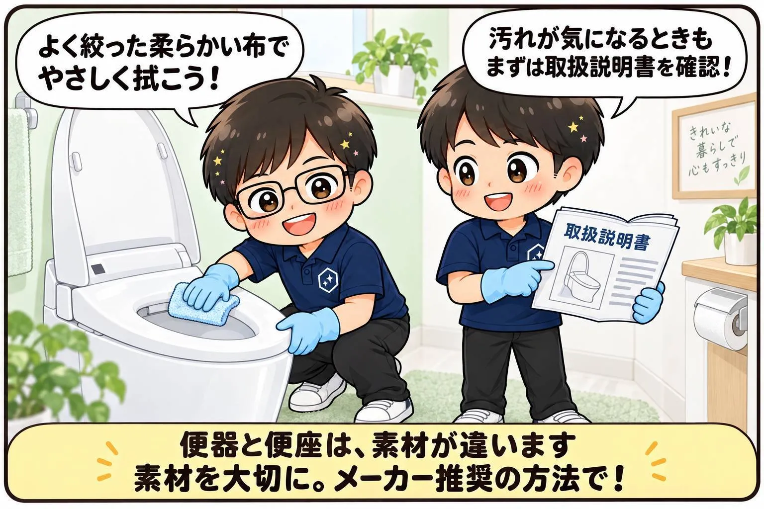 もちこ＆しうたがウォシュレット・便座の掃除を紹介。水で濡らしてよく絞った柔らかい布でやさしく拭き、取扱説明書を確認してメーカー推奨の方法で掃除します。