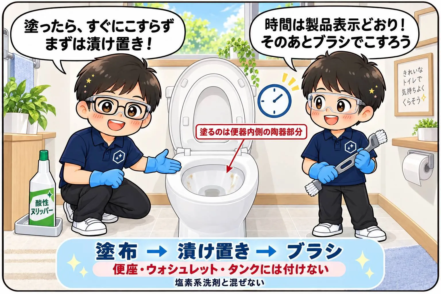 もちこ＆しうたが便器内側の掃除を紹介。陶器部分に酸性ヌリッパーを塗布し、製品表示に従って漬け置きしたあと、タイル目地ブラシでこすります。
