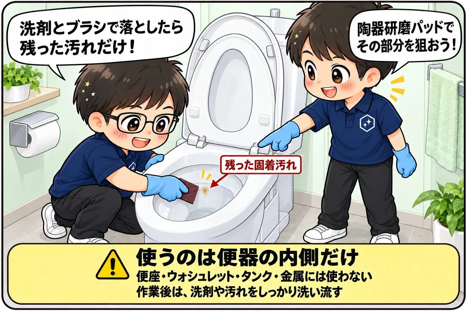 もちこ＆しうたが陶器研磨パッドの使い方を紹介。洗剤とブラシで落としきれなかった便器内側の固着汚れだけを狙い、作業後は洗剤や汚れをしっかり洗い流します。