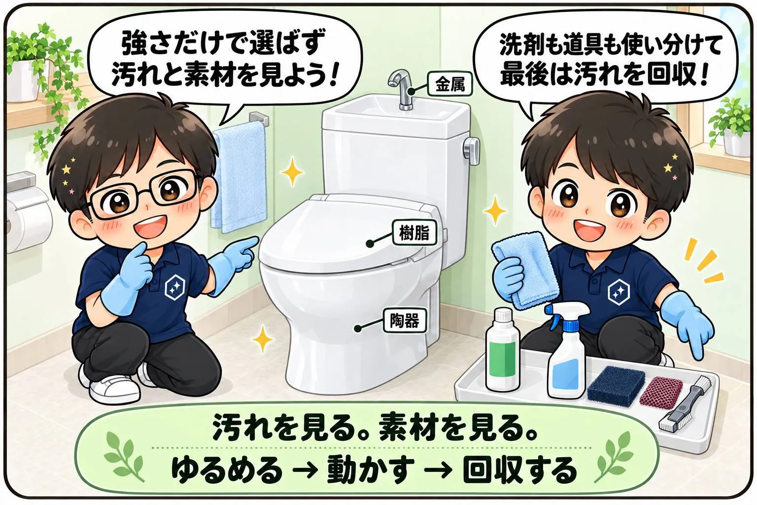 もちこ＆しうたが、汚れと素材に合わせた洗剤・道具の使い分けを紹介。汚れをゆるめ、動かし、最後に回収する掃除の基本を伝えます。