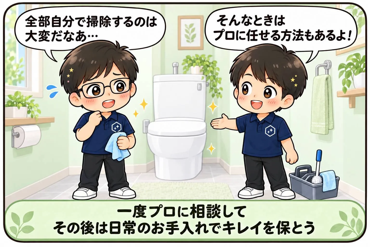 もちこ＆しうたが、トイレ全体の掃除が大変なときはプロに任せる方法もあると紹介。その後は日常のお手入れできれいな状態を保ちます。