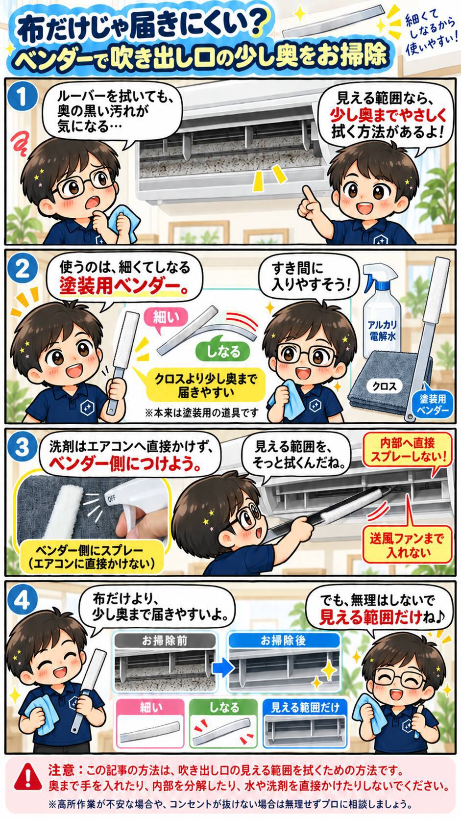 しうたともちこが塗装用ベンダーを使ったエアコン吹き出し口掃除を解説する漫画